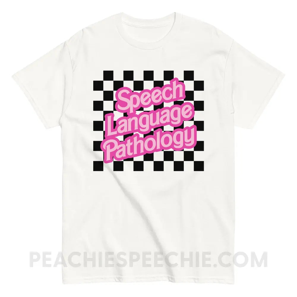 90s Checkerboard Speech Language Pathology Basic Tee - White / S - T-Shirt peachiespeechie.com