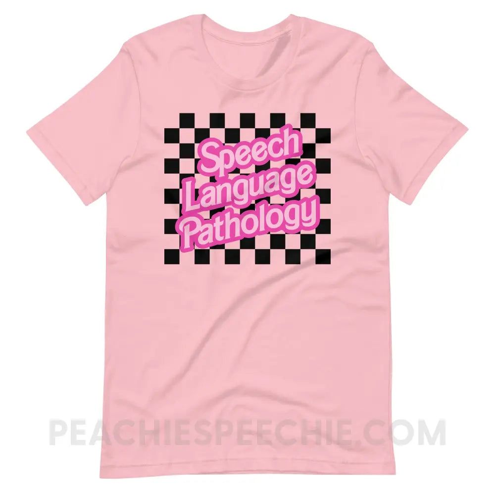 90s Checkerboard Speech Language Pathology Premium Soft Tee - Pink / S - peachiespeechie.com