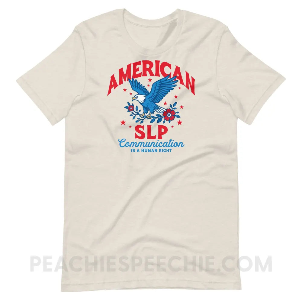 American SLP - Communication Is A Human Right Premium Soft Tee - Heather Dust / S - peachiespeechie.com