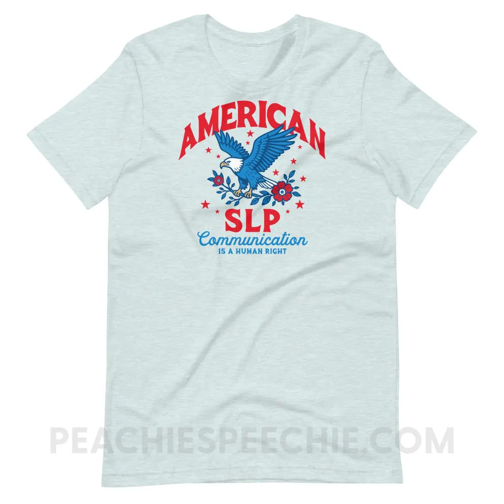 American SLP - Communication Is A Human Right Premium Soft Tee - Heather Prism Ice Blue / XS - peachiespeechie.com