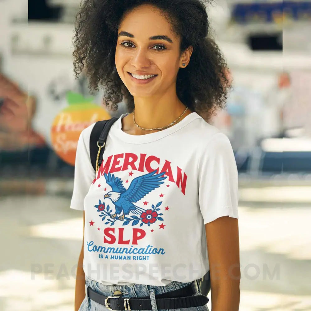 American SLP - Communication Is A Human Right Premium Soft Tee - White / XS - peachiespeechie.com