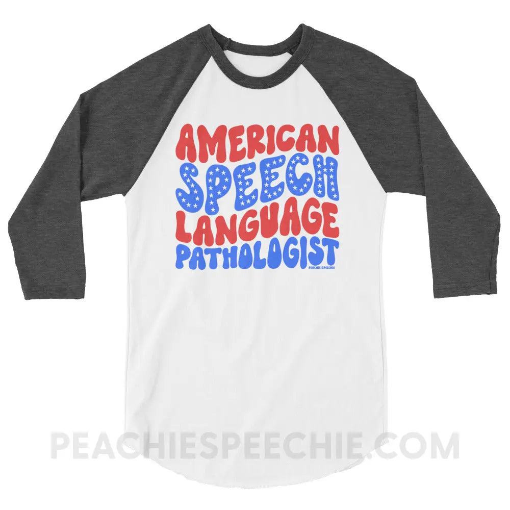 American Speech-Language Pathologist Baseball Tee - White/Heather Charcoal / XS - peachiespeechie.com