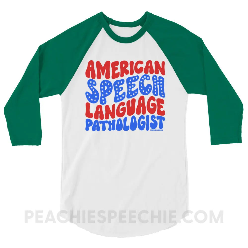 American Speech-Language Pathologist Baseball Tee - White/Kelly / XS - peachiespeechie.com