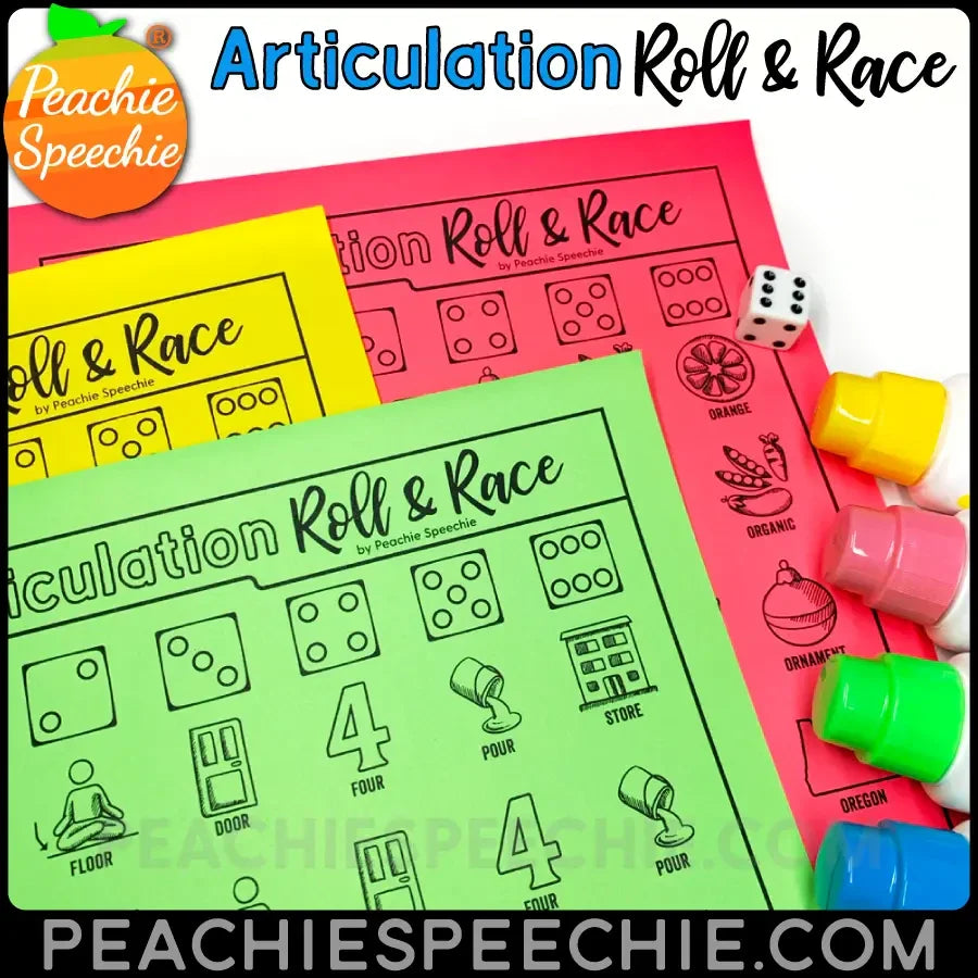 Articulation Roll and Race Dice Game for Speech Therapy - Materials peachiespeechie.com