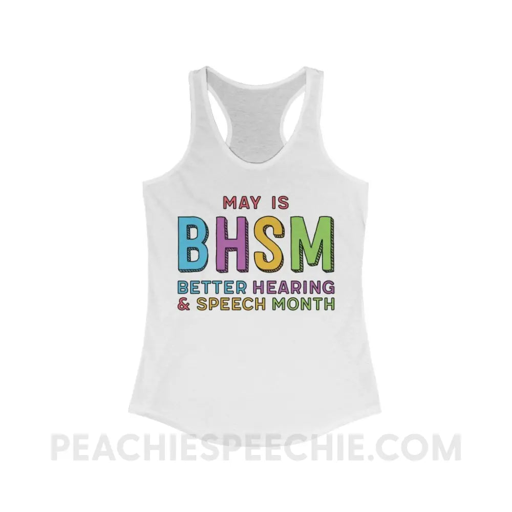 Better Hearing and Speech Month (BHSM) Superfly Racerback - Solid White / XS - Tank Top peachiespeechie.com