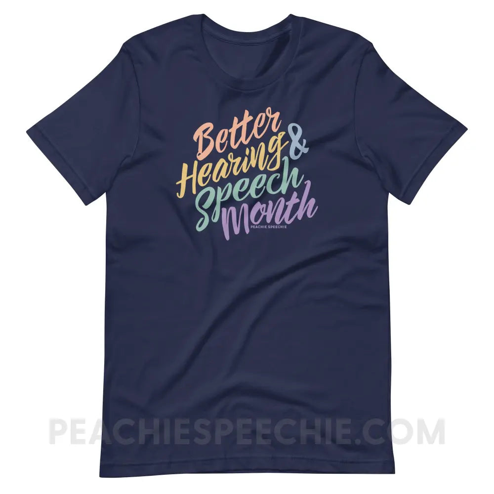 Better Hearing and Speech Month Premium Soft Tee - Navy / XS - T-Shirt peachiespeechie.com