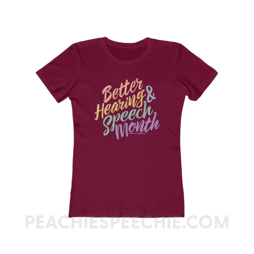 Better Hearing and Speech Month Women’s Fitted Tee - Solid Cardinal Red / S - T-Shirt peachiespeechie.com