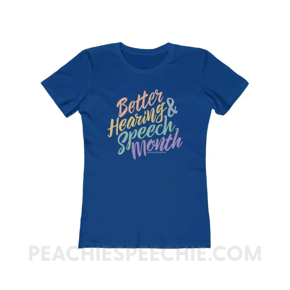 Better Hearing and Speech Month Women’s Fitted Tee - Solid Royal / S - T-Shirt peachiespeechie.com