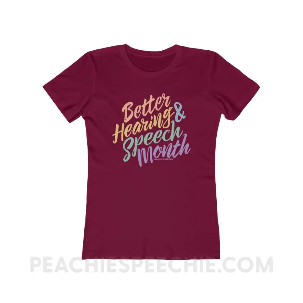 Better Hearing and Speech Month Women’s Fitted Tee - Solid Cardinal Red / S - T-Shirt peachiespeechie.com