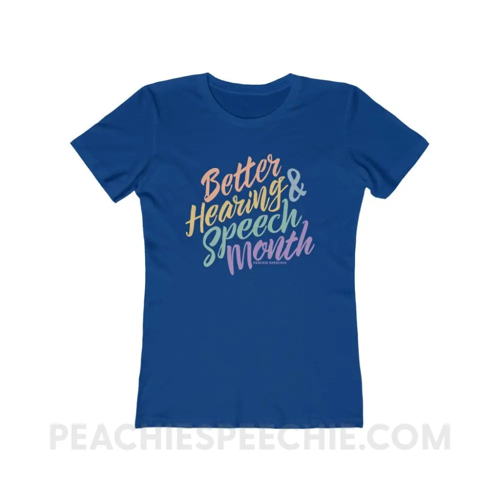 Better Hearing and Speech Month Women’s Fitted Tee - Solid Royal / S - T-Shirt peachiespeechie.com