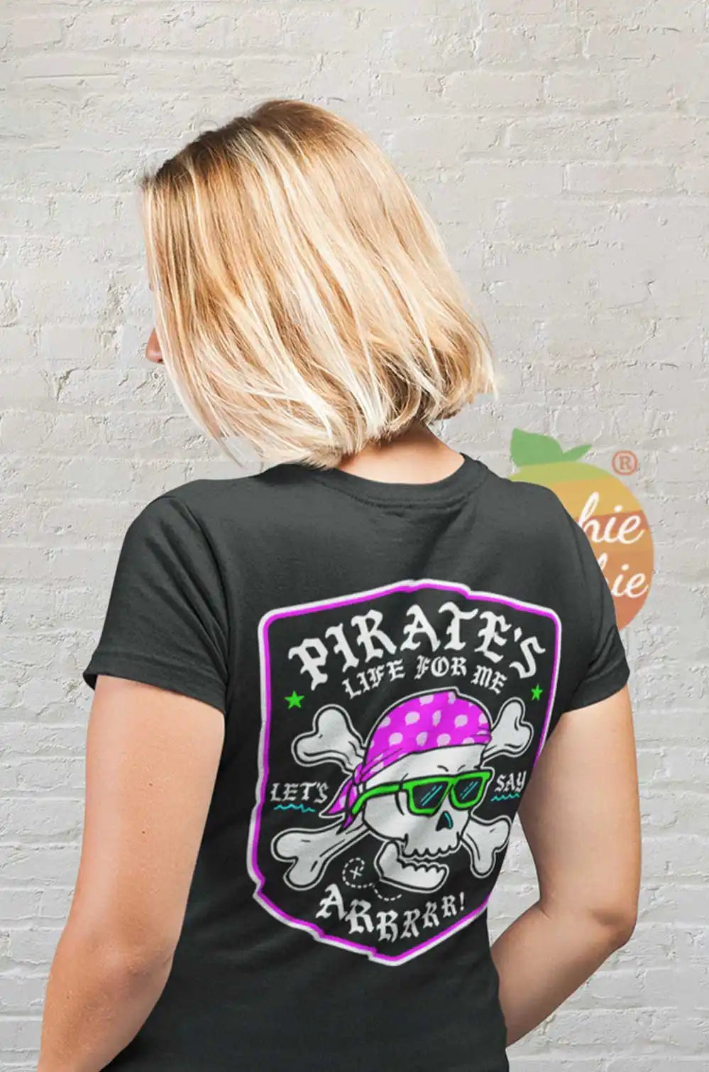 Black t-shirt with a pirate skull and crossbones graphic.