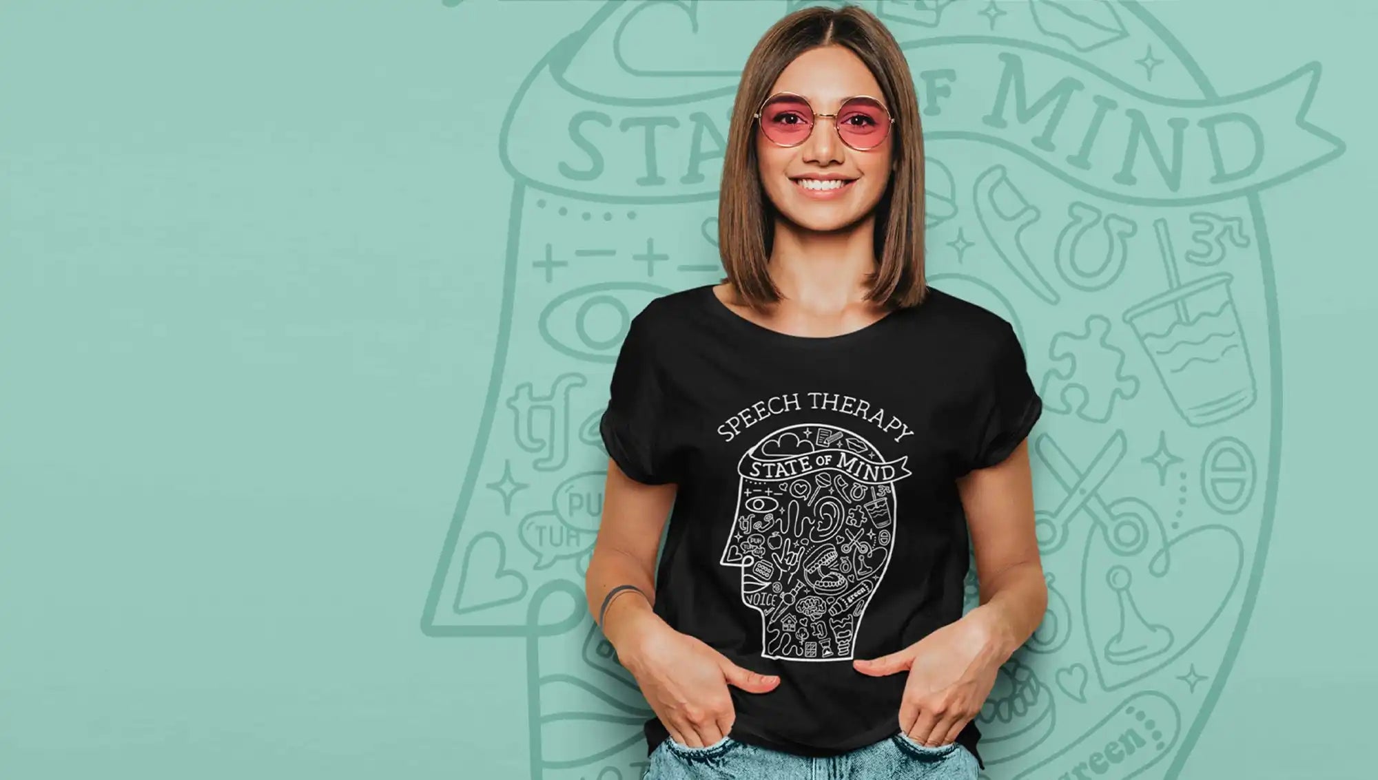 Black t-shirt featuring a white line drawing of a head filled with doodles and the text ’Speech Therapy’