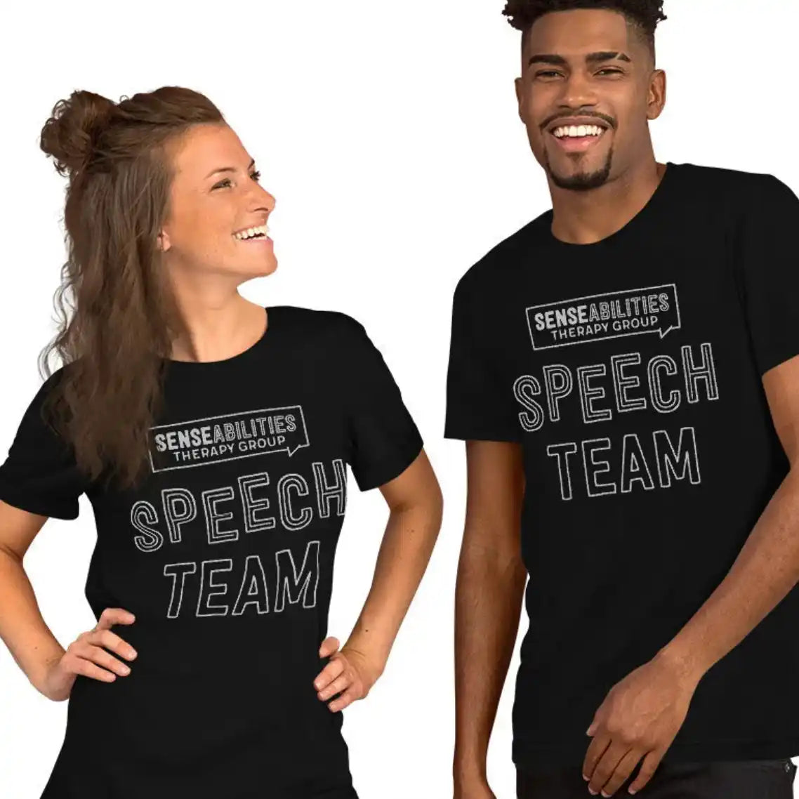 Black t-shirts with ’Speech Team’ text and ’Senseabilities’ branding.