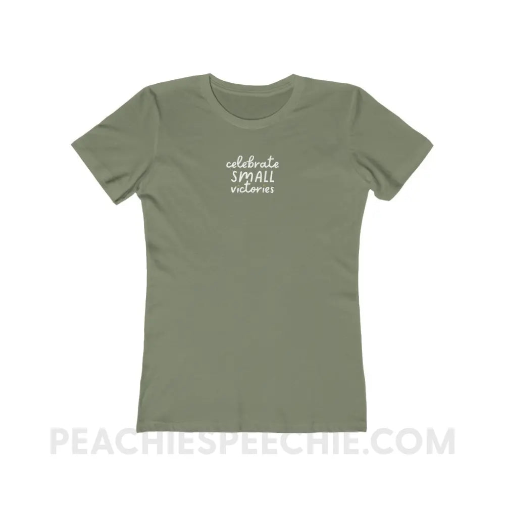 Celebrate Small Victories Women’s Fitted Tee - Solid Light Olive / S - T-Shirt peachiespeechie.com