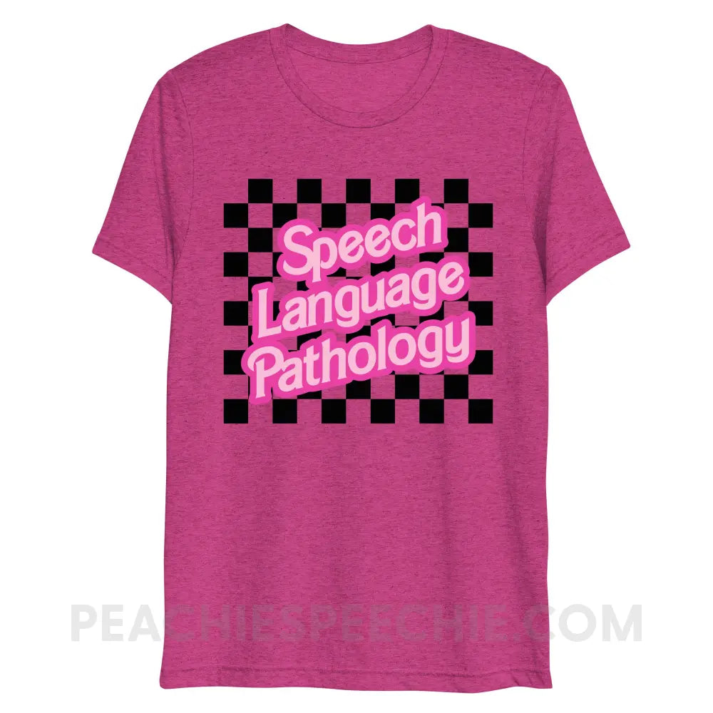 90s Checkerboard Speech Language Pathology Tri-Blend Tee - Berry Triblend / XS - peachiespeechie.com
