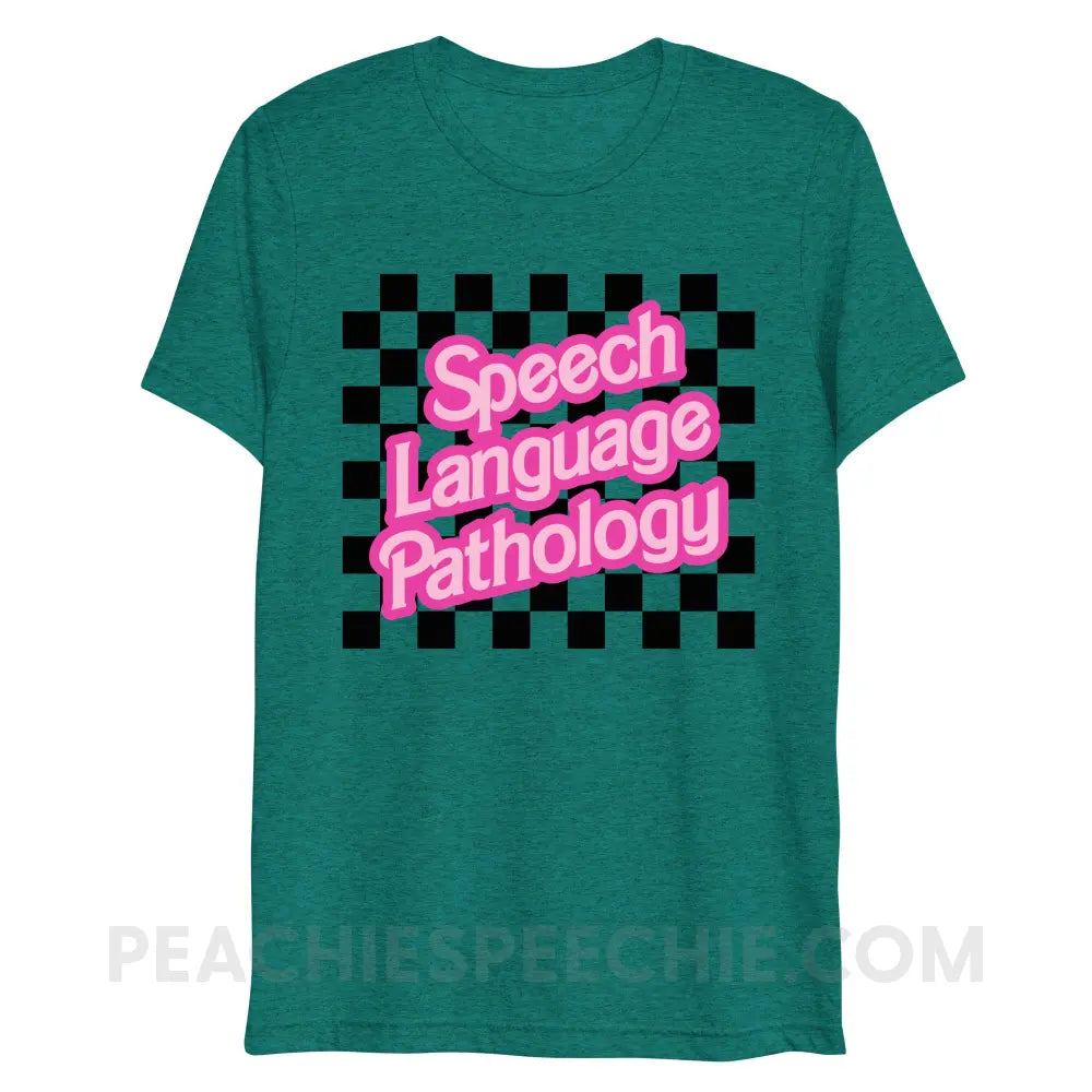 90s Checkerboard Speech Language Pathology Tri-Blend Tee - Teal Triblend / XS - peachiespeechie.com