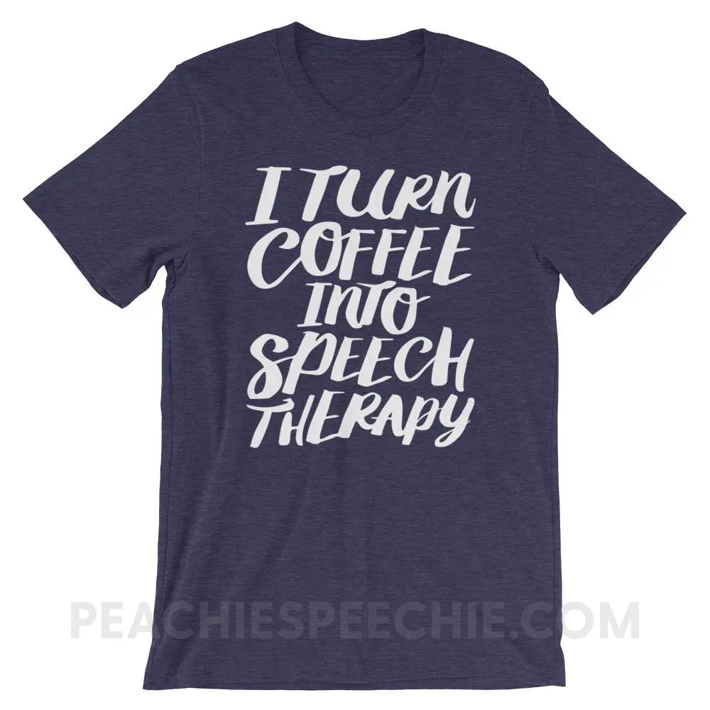 Coffee Into Speech Premium Soft Tee - Heather Midnight Navy / XS - T-Shirts & Tops peachiespeechie.com