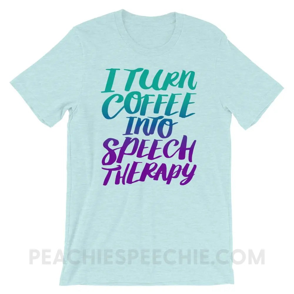Coffee Into Speech Premium Soft Tee - Heather Prism Ice Blue / XS - T-Shirts & Tops peachiespeechie.com