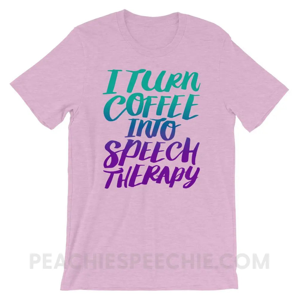 Coffee Into Speech Premium Soft Tee - Heather Prism Lilac / XS - T-Shirts & Tops peachiespeechie.com