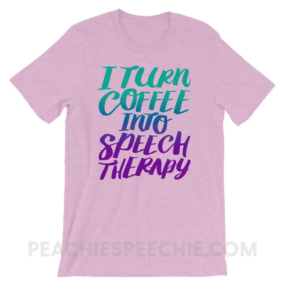 Coffee Into Speech Premium Soft Tee - Heather Prism Lilac / XS - T-Shirts & Tops peachiespeechie.com