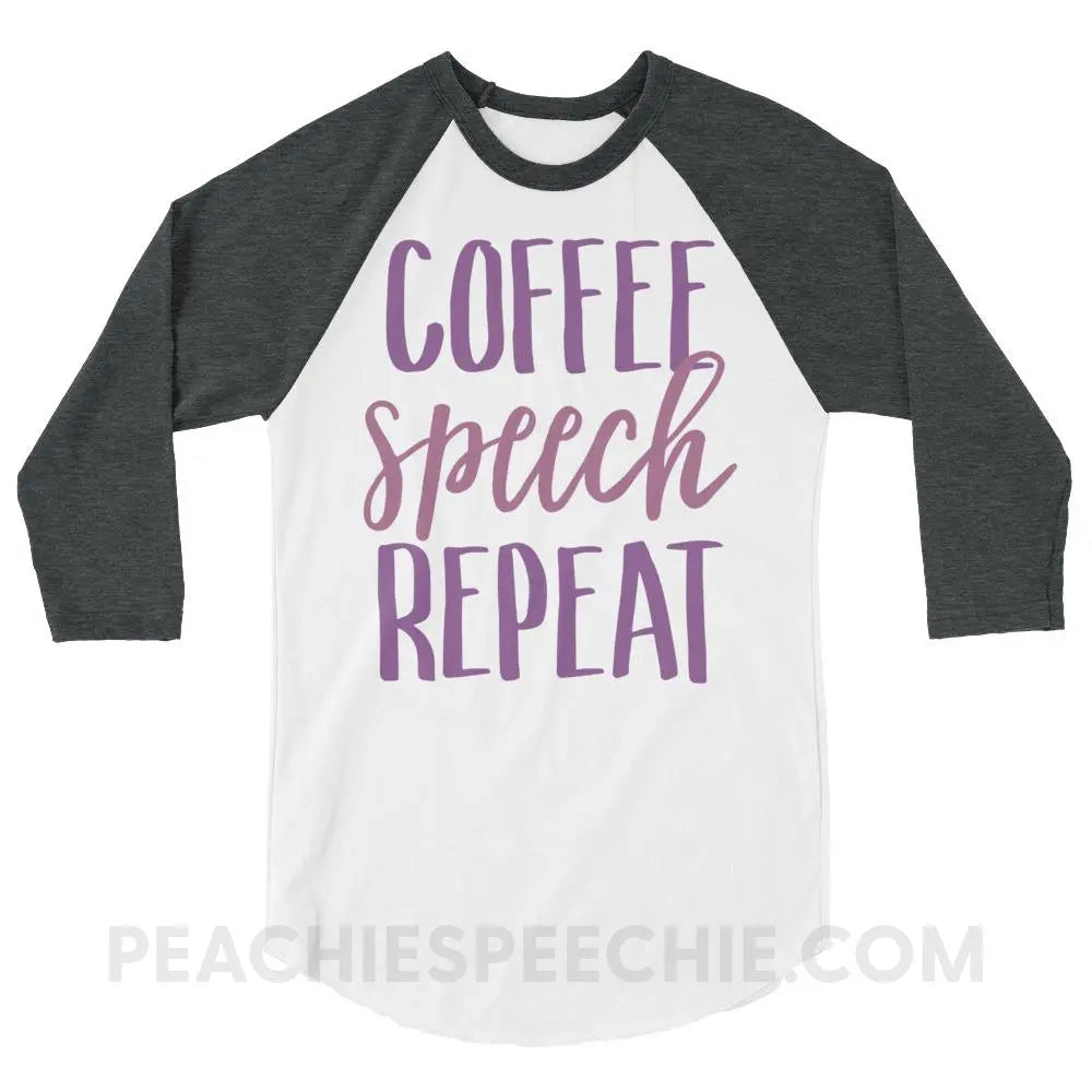 Coffee Speech Repeat Baseball Tee - White/Heather Charcoal / XS T-Shirts & Tops peachiespeechie.com