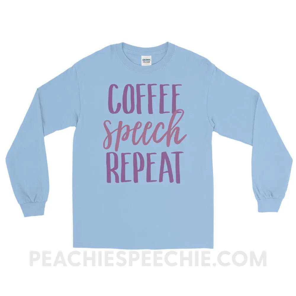 Coffee Speech Repeat Long Sleeve Tee - Light Blue / S - T-Shirts & Tops peachiespeechie.com