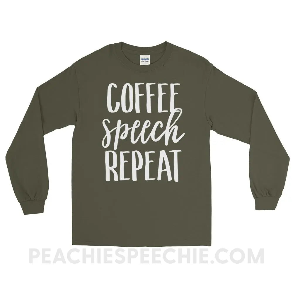 Coffee Speech Repeat Long Sleeve Tee - Military Green / S - T-Shirts & Tops peachiespeechie.com