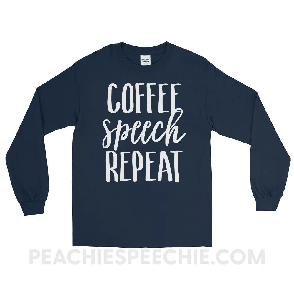 Coffee Speech Repeat Long Sleeve Tee - Navy / S - T-Shirts & Tops peachiespeechie.com