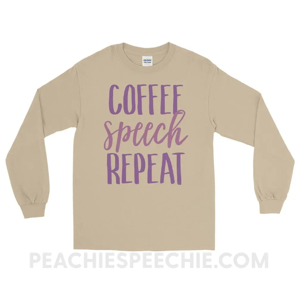 Coffee Speech Repeat Long Sleeve Tee - Sand / S - T-Shirts & Tops peachiespeechie.com