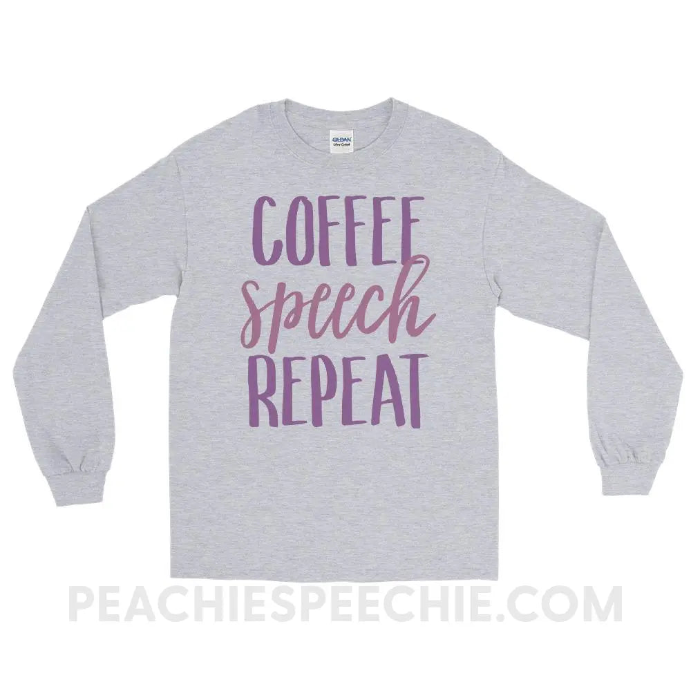 Coffee Speech Repeat Long Sleeve Tee - Sport Grey / S - T-Shirts & Tops peachiespeechie.com