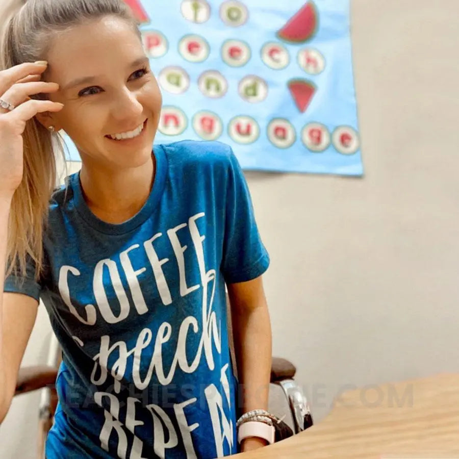 Coffee Speech Repeat Premium Soft Tee - Aqua / S - T-Shirts & Tops peachiespeechie.com