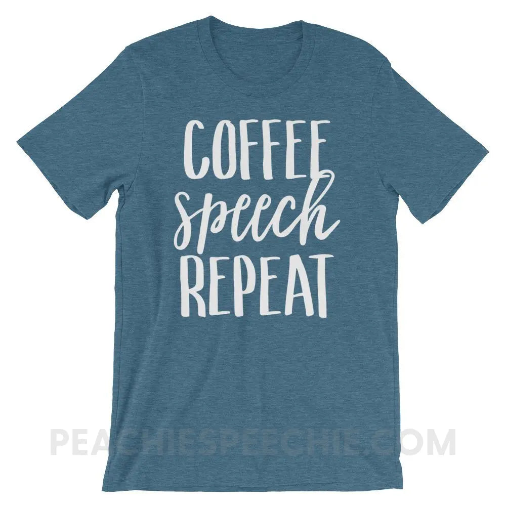 Coffee Speech Repeat Premium Soft Tee - Heather Deep Teal / S - T-Shirts & Tops peachiespeechie.com