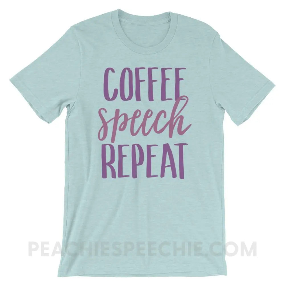 Coffee Speech Repeat Premium Soft Tee - Heather Prism Ice Blue / XS - T-Shirts & Tops peachiespeechie.com
