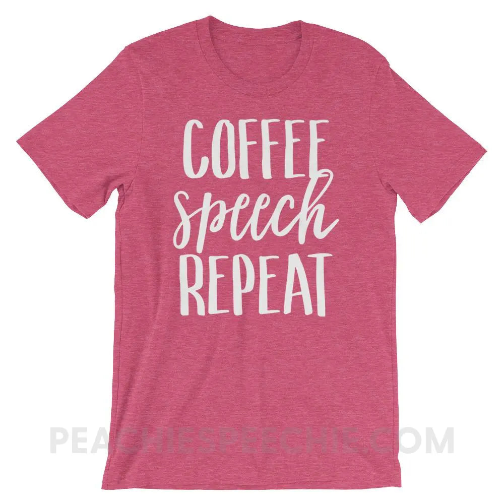 Coffee Speech Repeat Premium Soft Tee - Heather Raspberry / S T - Shirts & Tops peachiespeechie.com