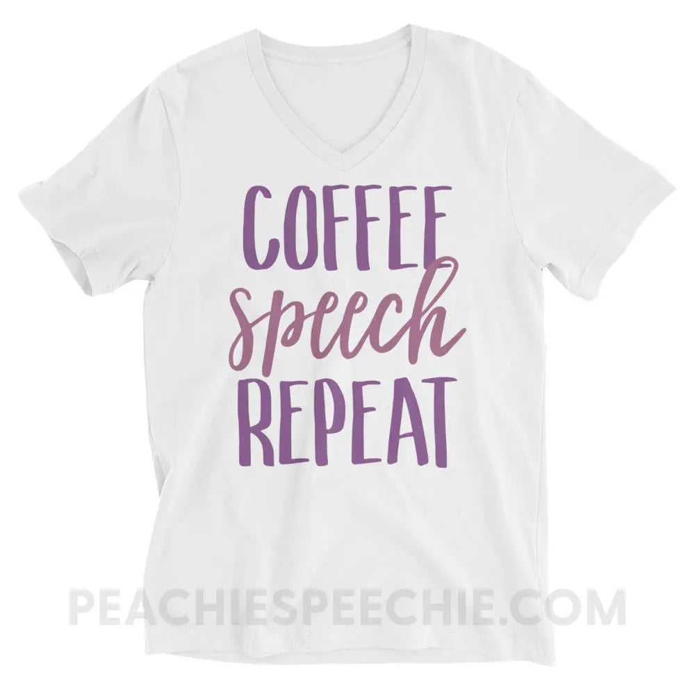 Coffee Speech Repeat Soft V-Neck - White / XS - T-Shirts & Tops peachiespeechie.com