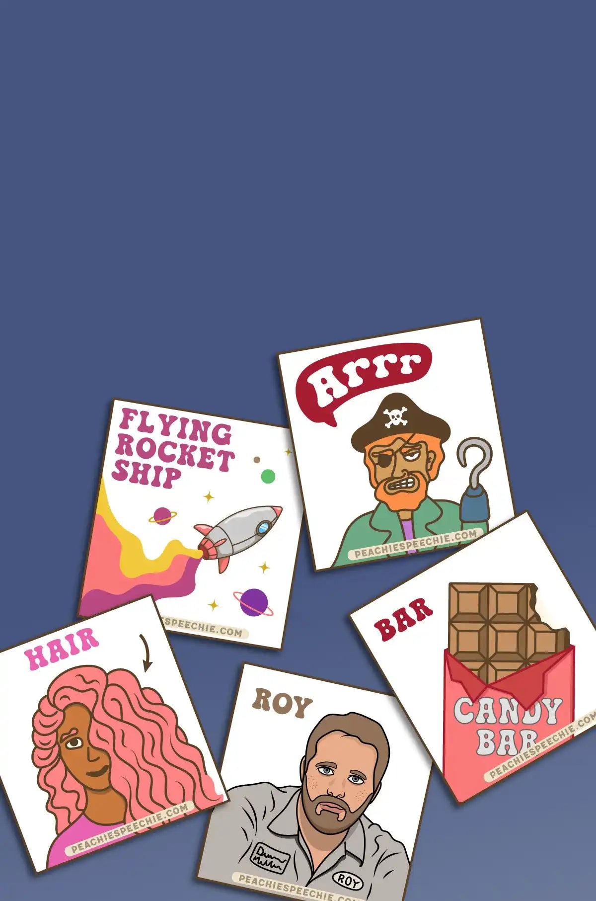 Collection of illustrated trading cards or stickers featuring various pop culture references and designs.