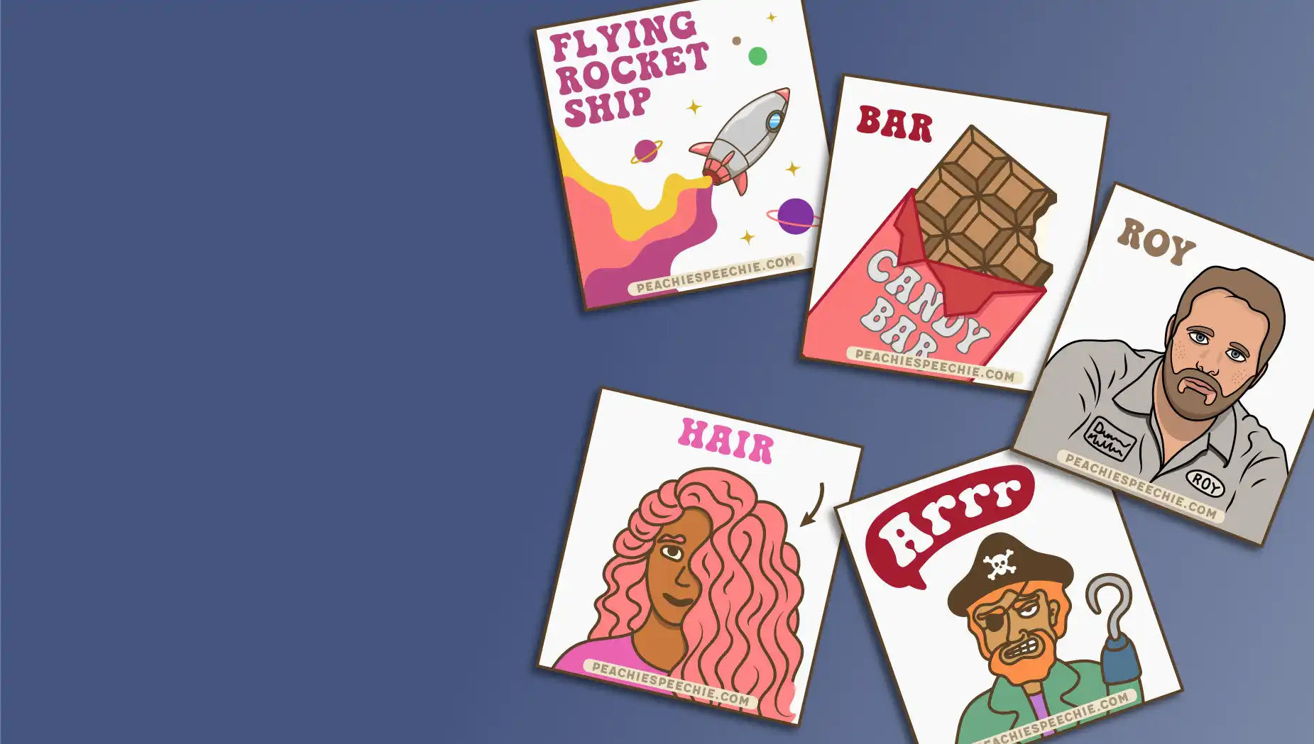 Collection of illustrated flash cards or learning cards showing various words and pictures like a rocket ship, chocolate bar, and hair.