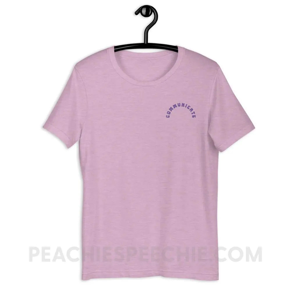 Communicate Arch Embroidered Premium Soft Tee - Heather Prism Lilac / XS - peachiespeechie.com