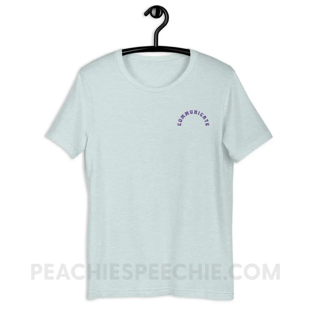 Communicate Arch Embroidered Premium Soft Tee - Heather Prism Ice Blue / XS - peachiespeechie.com