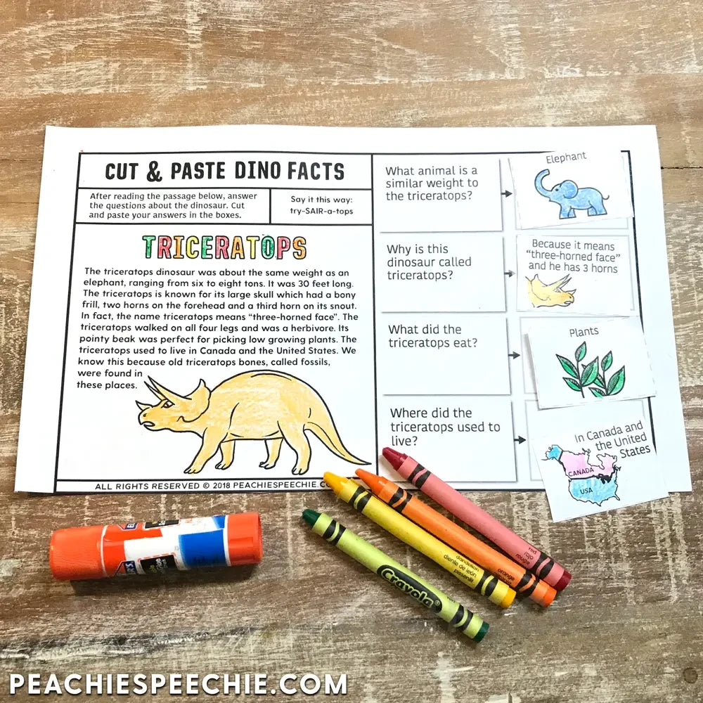 Cut and Paste Dinosaur Facts Stories WH Questions - Materials peachiespeechie.com
