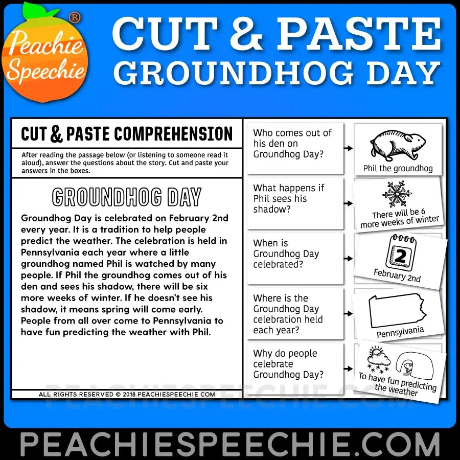 Cut and Paste Comprehension: Groundhog Day Story - Materials peachiespeechie.com