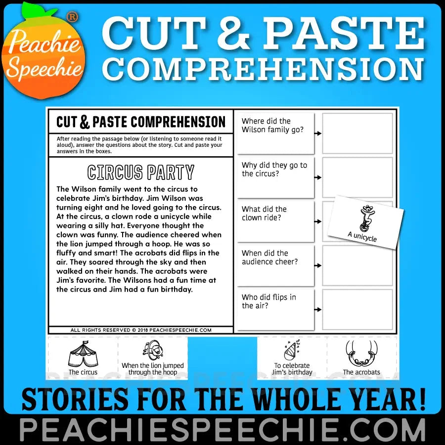 Cut and Paste Comprehension Stories for the WHOLE YEAR - Materials peachiespeechie.com