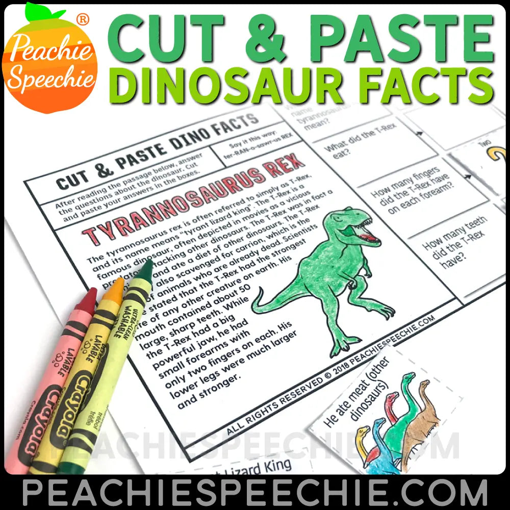 Cut and Paste Dinosaur Facts Stories WH Questions - Materials peachiespeechie.com