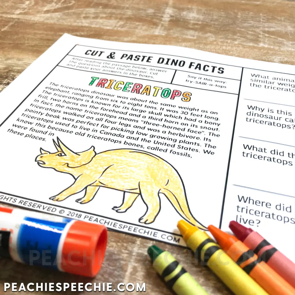 Cut and Paste Dinosaur Facts Stories WH Questions - Materials peachiespeechie.com