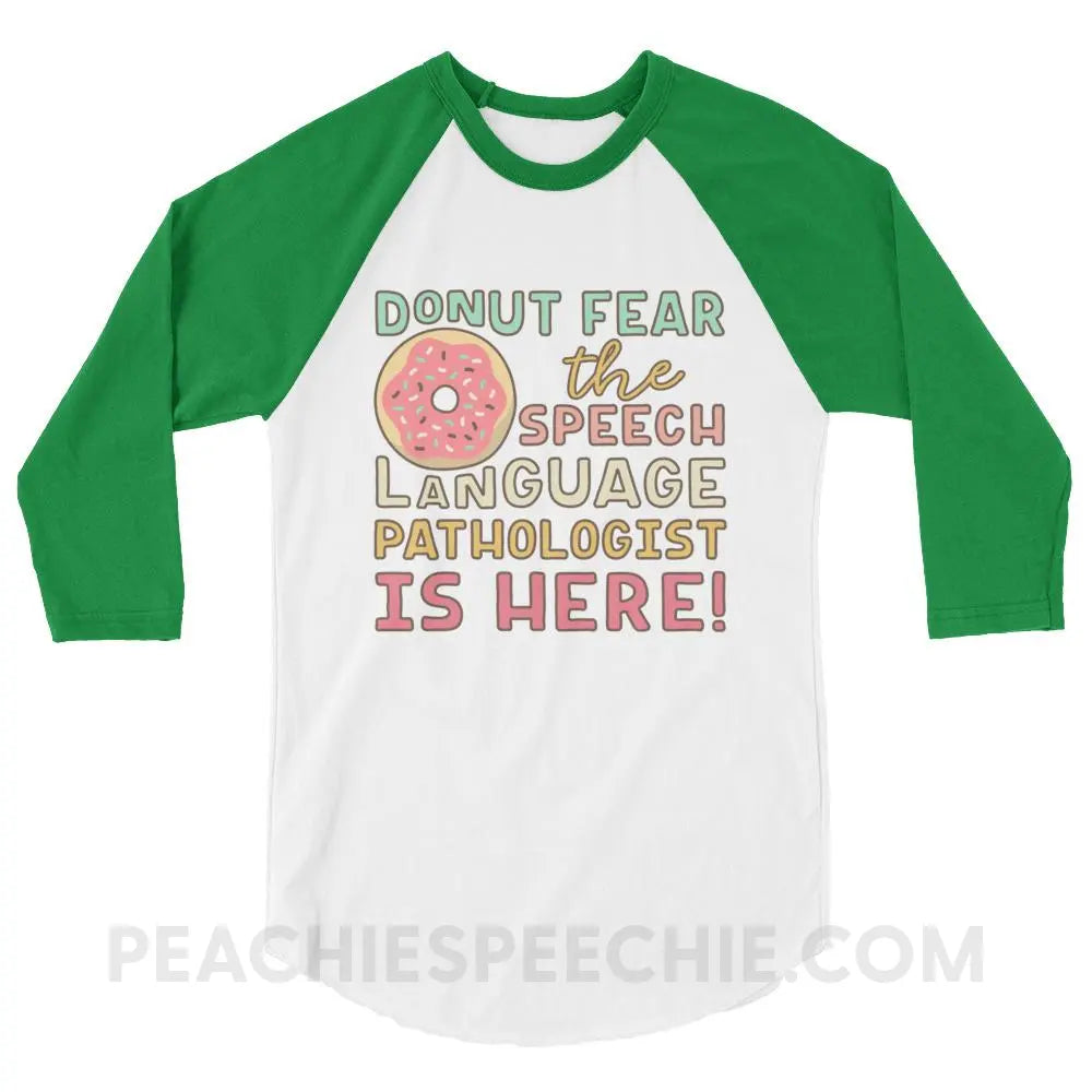 Donut Fear The SLP Is Here Baseball Tee - White/Kelly / XS - T-Shirts & Tops peachiespeechie.com