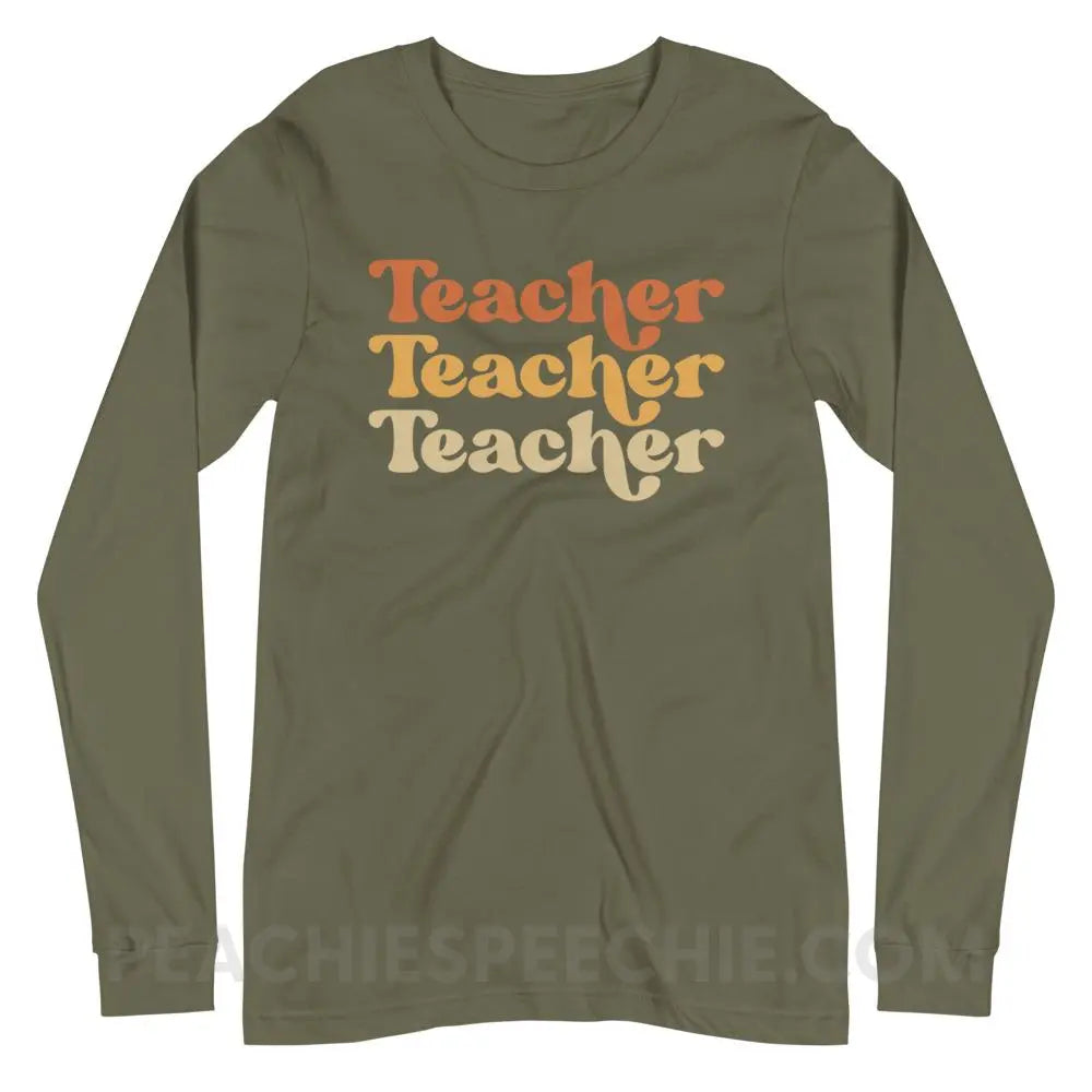 Earthy Retro Teacher Premium Long Sleeve - Military Green / XS - peachiespeechie.com
