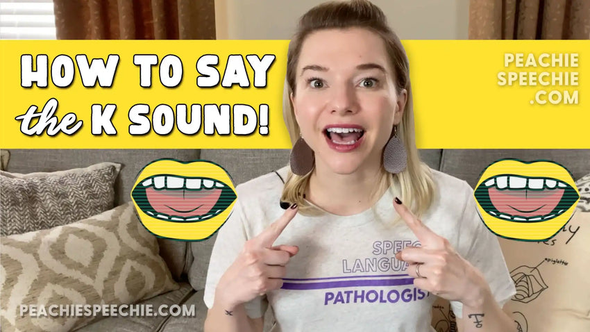 Educational speech therapy video thumbnail showing how to pronounce the ’K’ sound, with cartoon mouth illustrations on either side.