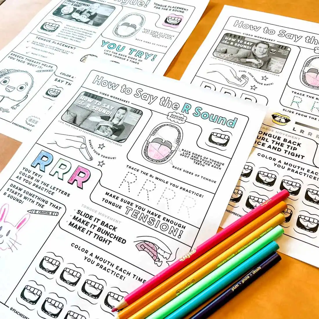 Educational worksheet about pronouncing the ’R’ sound with colorful pencils alongside it.