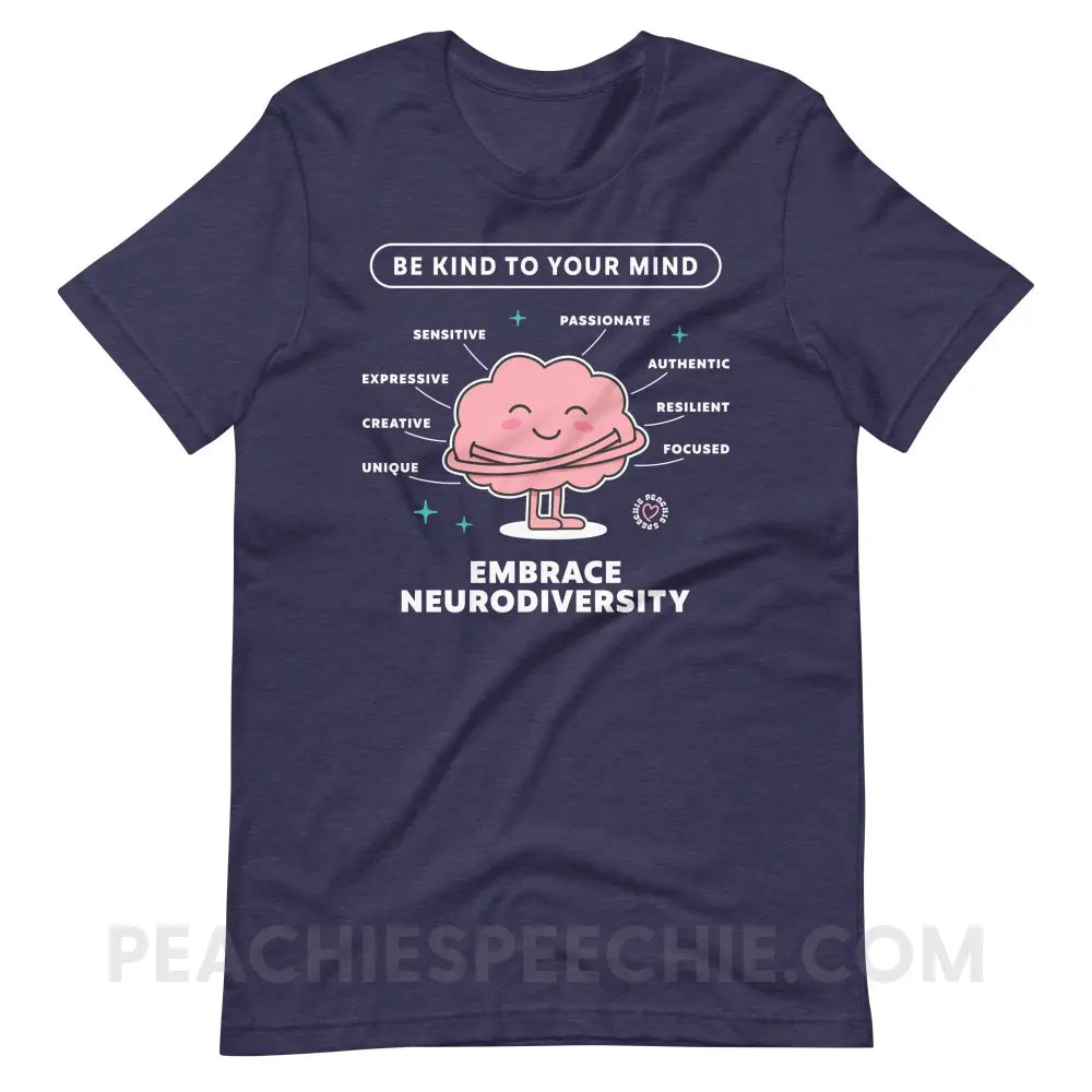 Embrace Neurodiversity Brain Premium Soft Tee - Heather Midnight Navy / XS - peachiespeechie.com