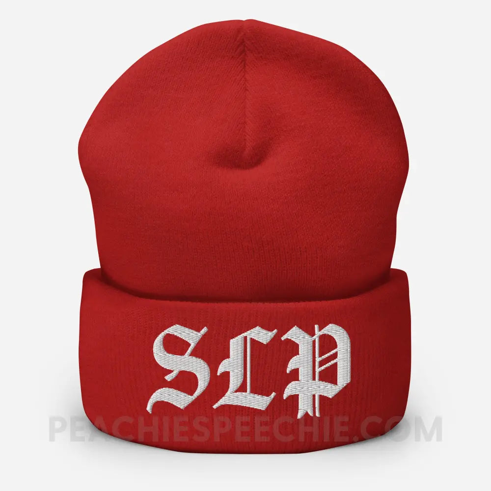 Old English SLP Embroidered Cozy Beanie - Red - peachiespeechie.com